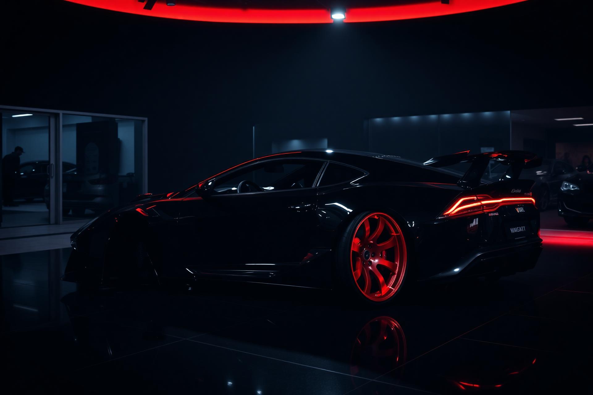 Black luxury car in showroom with red lighting
